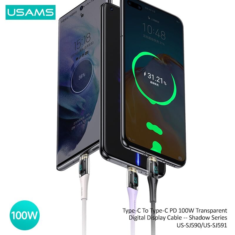 Cáp sạc nhanh USAMS SJ590/SJ591 Type-C To Type-C PD 100W Transparent Digital Display Shadow Series