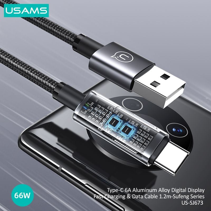 Cáp sạc nhanh USAMS SJ673 Type-C 6A Aluminum Alloy Digital Display Sufeng Series