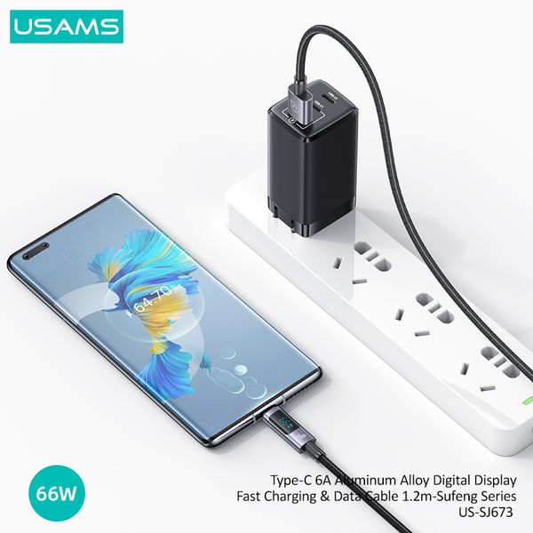 Cáp sạc nhanh USAMS SJ673 Type-C 6A Aluminum Alloy Digital Display Sufeng Series