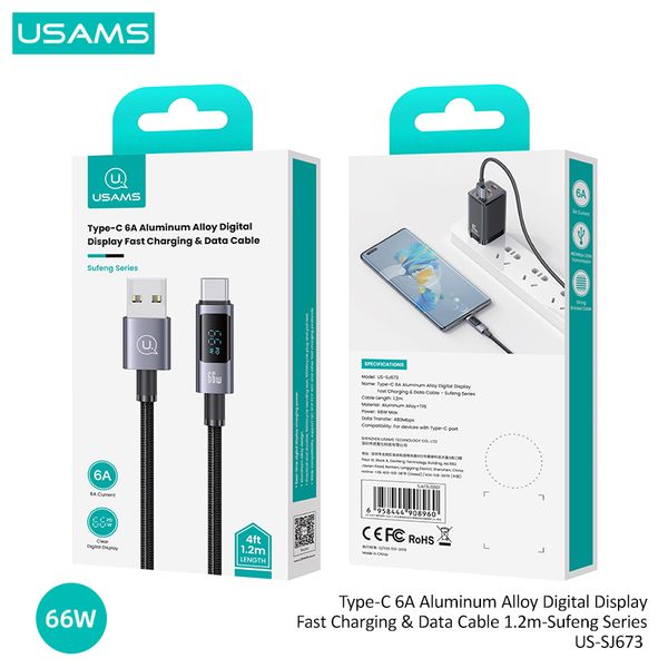 Cáp sạc nhanh USAMS SJ673 Type-C 6A Aluminum Alloy Digital Display Sufeng Series