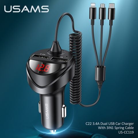 Tẩu Sạc Xe Hơi USAMS CC119 C22 Dual USB 3.4A Car Charger (With Cable 3 IN 1)