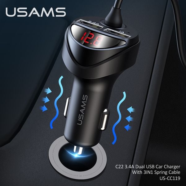 Tẩu Sạc Xe Hơi USAMS CC119 C22 Dual USB 3.4A Car Charger (With Cable 3 IN 1)
