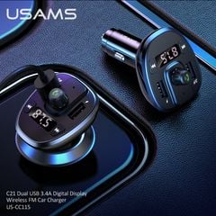 Tẩu Sạc Kiêm Phát Sóng FM 2*USB USAMS CC115 C21 15W (Bluetooth 5.0, 3.4A)