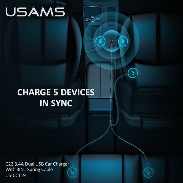Tẩu Sạc Xe Hơi USAMS CC119 C22 Dual USB 3.4A Car Charger (With Cable 3 IN 1)