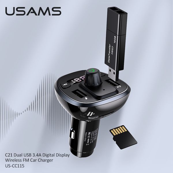 Tẩu Sạc Kiêm Phát Sóng FM 2*USB USAMS CC115 C21 15W (Bluetooth 5.0, 3.4A)
