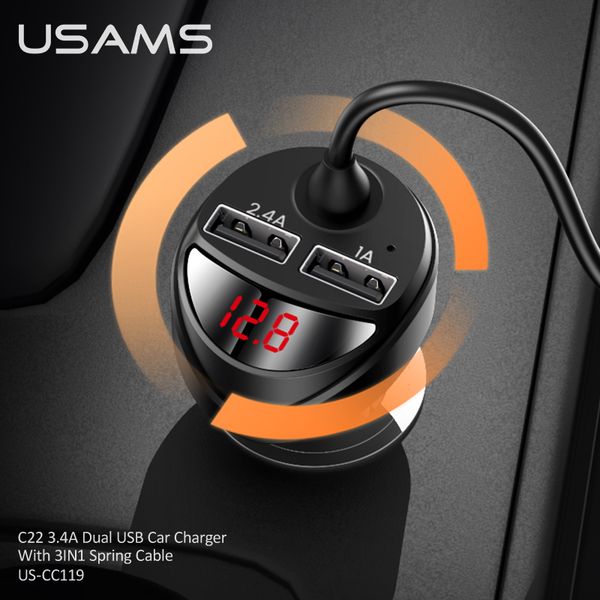 Tẩu Sạc Xe Hơi USAMS CC119 C22 Dual USB 3.4A Car Charger (With Cable 3 IN 1)