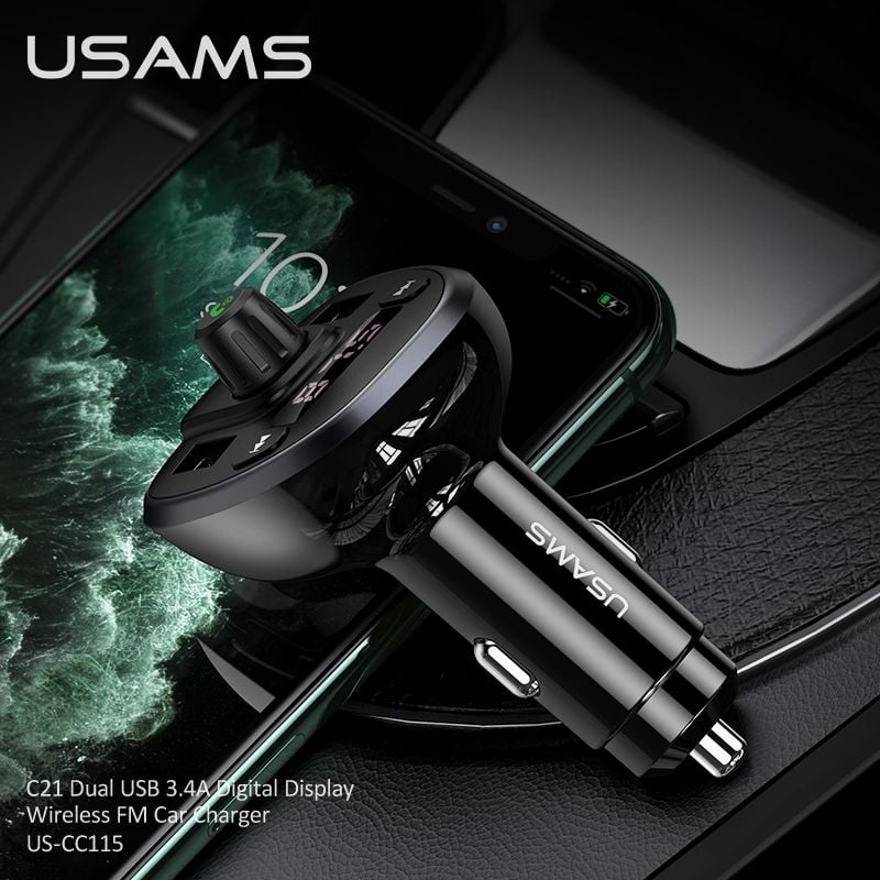 Tẩu Sạc Kiêm Phát Sóng FM 2*USB USAMS CC115 C21 15W (Bluetooth 5.0, 3.4A)