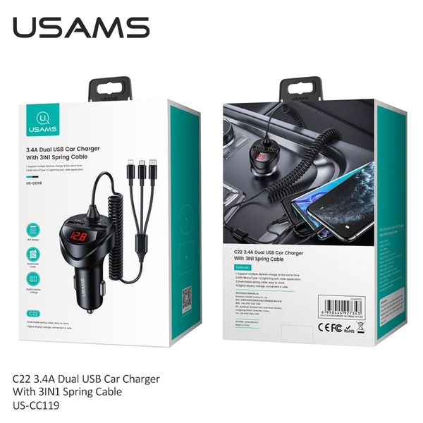 Tẩu Sạc Xe Hơi USAMS CC119 C22 Dual USB 3.4A Car Charger (With Cable 3 IN 1)