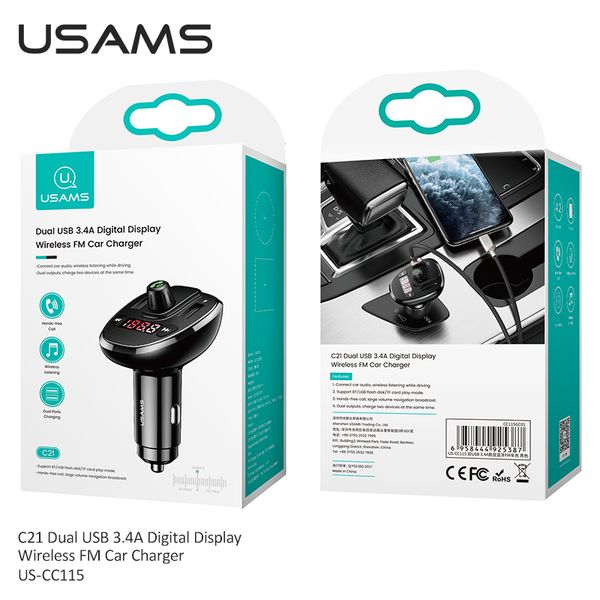 Tẩu Sạc Kiêm Phát Sóng FM 2*USB USAMS CC115 C21 15W (Bluetooth 5.0, 3.4A)