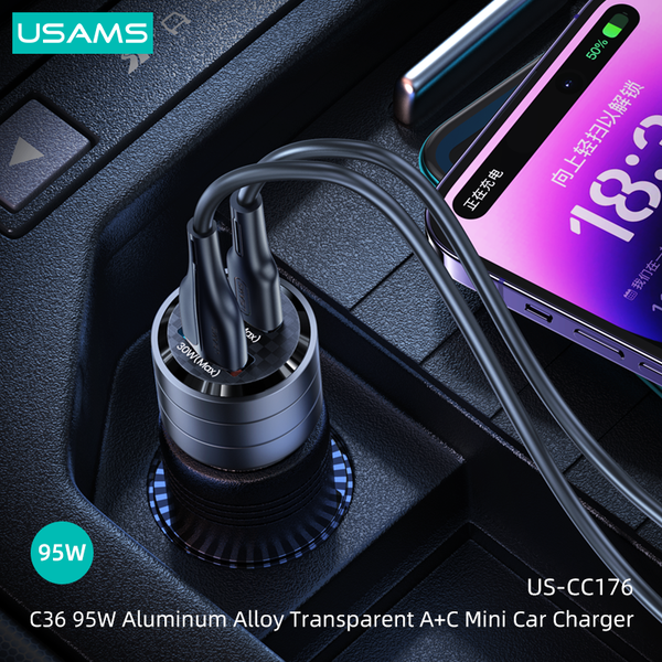 Tẩu Sạc Dành Cho Ô Tô USAMS CC176 C36 95W (USB-A + Type-C, Transparent, with Light)