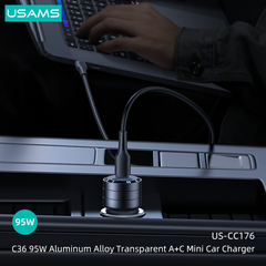 Tẩu Sạc Dành Cho Ô Tô USAMS CC176 C36 95W (USB-A + Type-C, Transparent, with Light)