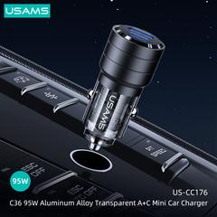 Tẩu Sạc Dành Cho Ô Tô USAMS CC176 C36 95W (USB-A + Type-C, Transparent, with Light)