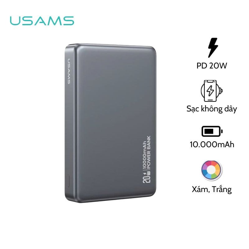 Pin Dự Phòng Không Dây USAMS CD242 10000mAh 20W (Wireless Charging 15W, 3C Certification)