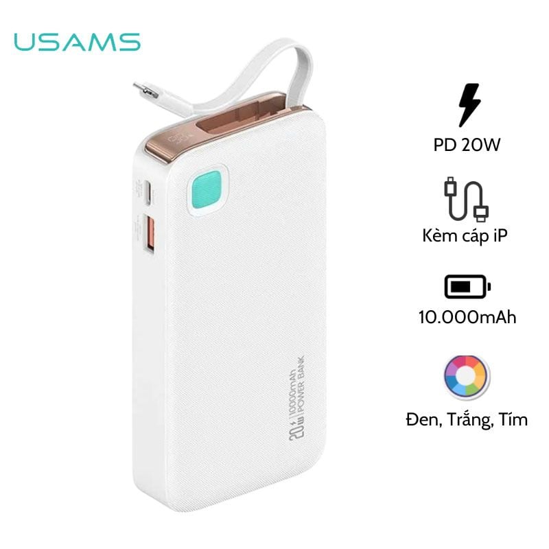 Pin Dự Phòng Tích Hợp Cáp Dây Rút Lightning USAMS CD225 10000mAh 20W (LED Display)