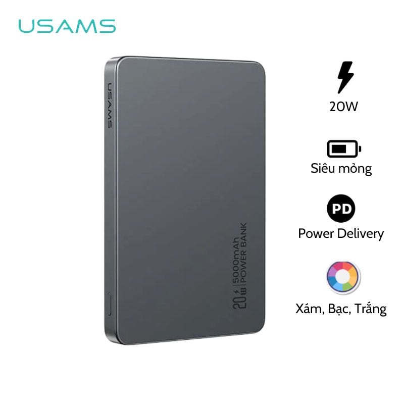 Pin Sạc Dự Phòng Không Dây Siêu Mỏng USAMS CD231 5000mAh 20W (15W Wireless Charging)