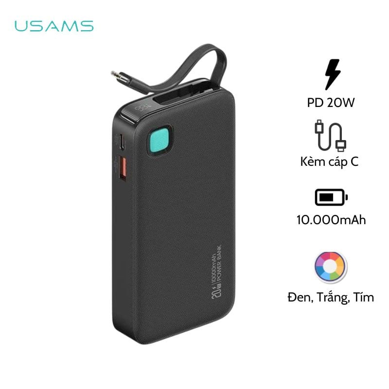 Pin Sạc Dự Phòng Tích Hợp Cáp Dây Rút Type-C USAMS CD224 10000mAh 20W (Digital Display)
