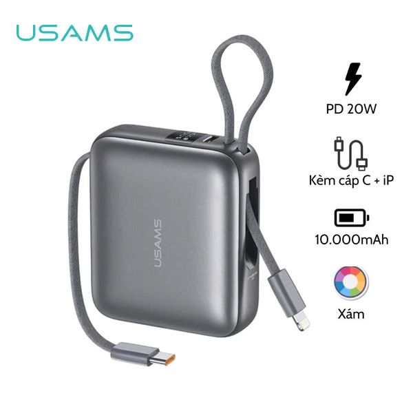 Pin Dự Phòng USAMS CD240 10000mAh 20W (Digital Display, With Dual Built-in C+Lightning Cable, 3C Certification)