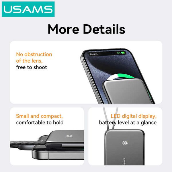 Pin Dự Phòng USAMS CD227 5000mAh 20W (Siêu Mỏng, Digital Display, Kèm Cáp C to C, Từ tính)