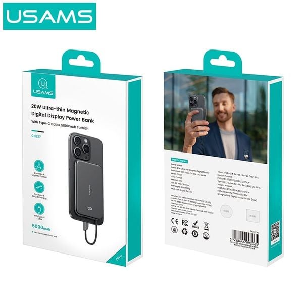 Pin Dự Phòng USAMS CD227 5000mAh 20W (Siêu Mỏng, Digital Display, Kèm Cáp C to C, Từ tính)