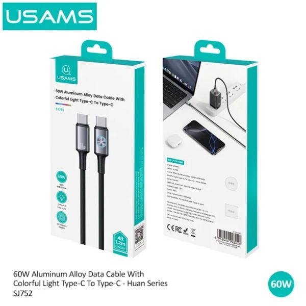 Cáp Sạc Nhanh C to C USAMS SJ752 60W (Colorful Light, 480Mbps, 1.2m)