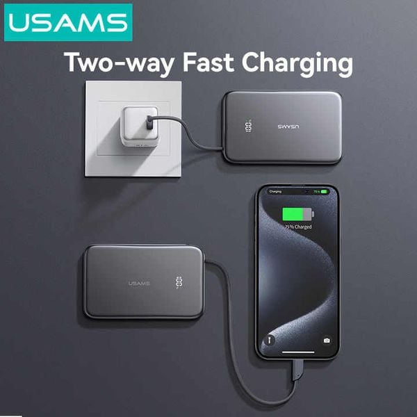 Pin Dự Phòng USAMS CD227 5000mAh 20W (Siêu Mỏng, Digital Display, Kèm Cáp C to C, Từ tính)