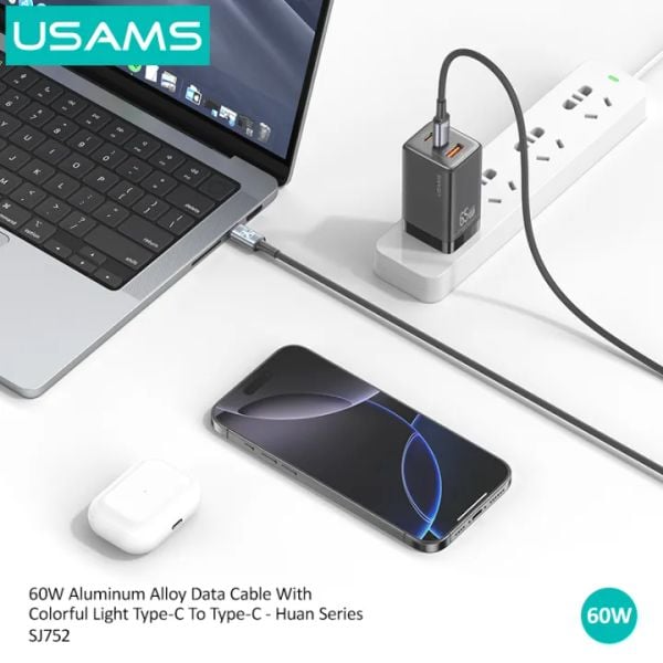 Cáp Sạc Nhanh C to C USAMS SJ752 60W (Colorful Light, 480Mbps, 1.2m)