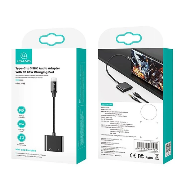 Đầu chuyển Type-C to Audio 3.5 DC USAMS AU15 + PD 60W