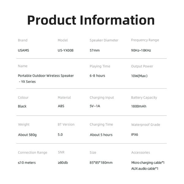 Loa Bluetooth Di Động USAMS YX008 10W (Bluetooth v5.0, 1800mAh, 360° Surround Stereo, IPX6)
