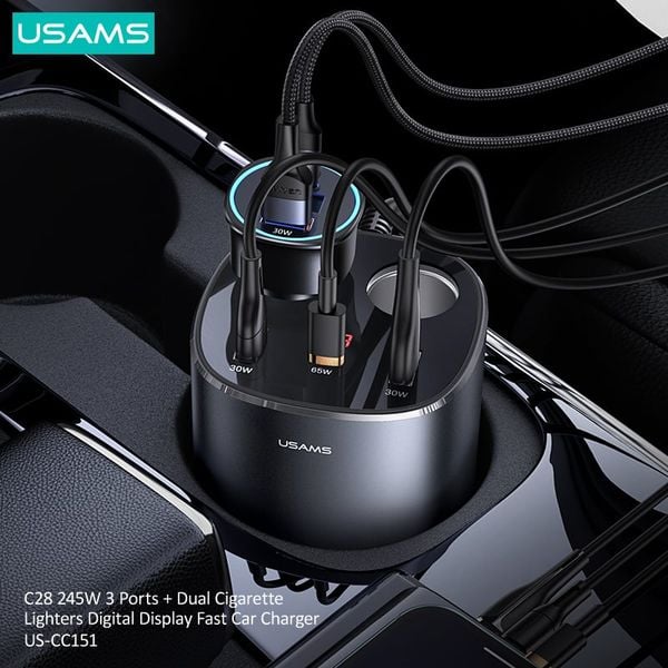 Tẩu Sạc Cho Ô Tô C+2A+2 Tẩu Nối Dài USAMS CC151 C28 245W (Digital Display Voltage)