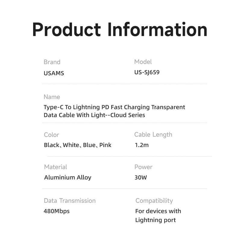 Cáp sạc nhanh USAMS SJ659 Type-C To Lightning Cloud Series