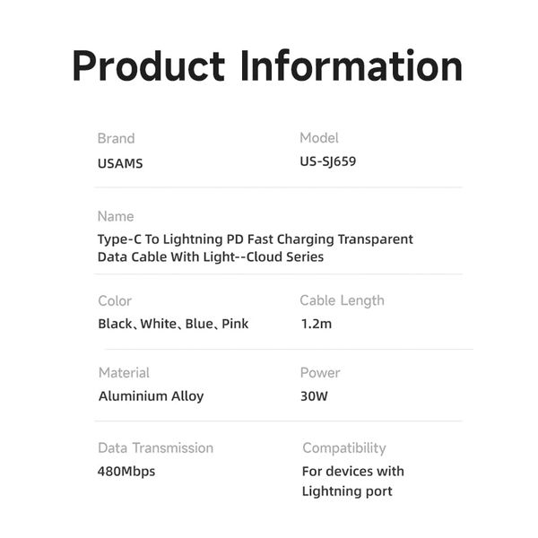 Cáp sạc nhanh USAMS SJ659 Type-C To Lightning Cloud Series