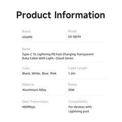 Cáp sạc nhanh USAMS SJ659 Type-C To Lightning Cloud Series