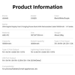 Pin Dự Phòng Tích Hợp Cáp Dây Rút Lightning USAMS CD225 10000mAh 20W (LED Display)