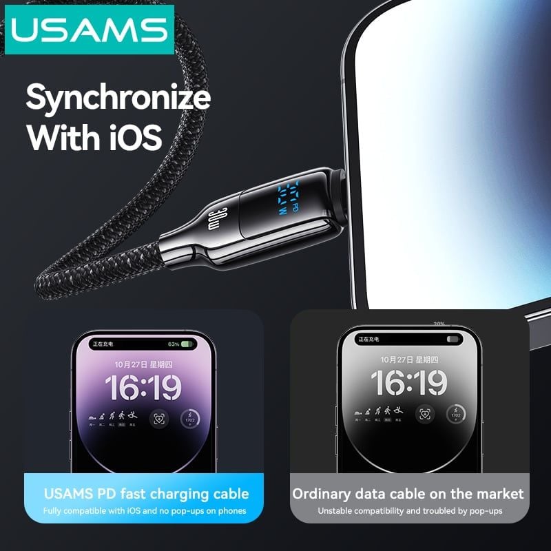 Cáp sạc nhanh USAMS SJ741 Type-C To Lightning 30W Digital Display Zinc Alloy HX Series