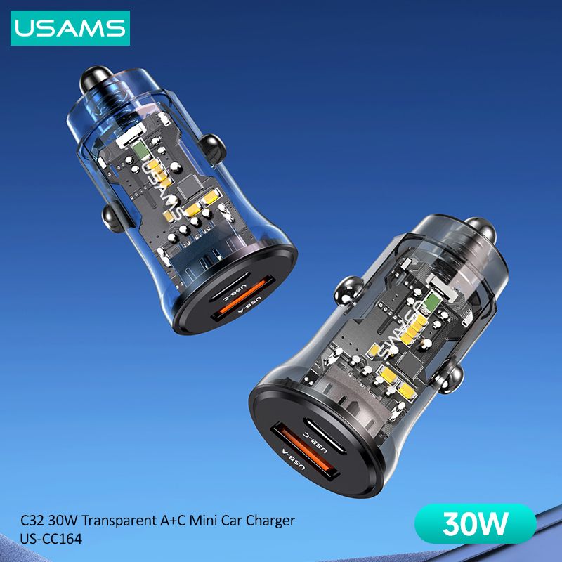 Tẩu Sạc Dành Cho Ô Tô USAMS CC164 C32 PD 30W (Transparent, USB-A + Type-C, with Blue Backlight)