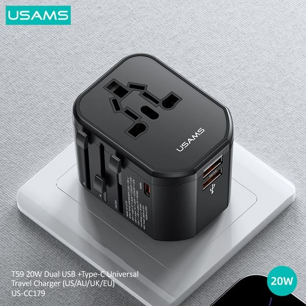 Bộ Sạc Du Lịch USAMS CC179 T59 Dual USB + Type-C PD 20W (US/UK/EU/CN Plug)