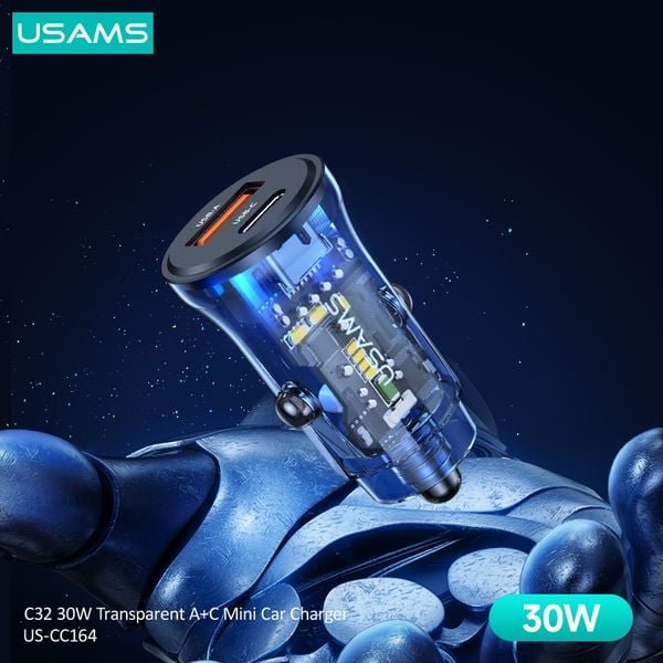 Tẩu Sạc Dành Cho Ô Tô USAMS CC164 C32 PD 30W (Transparent, USB-A + Type-C, with Blue Backlight)