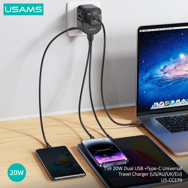 Bộ Sạc Du Lịch USAMS CC179 T59 Dual USB + Type-C PD 20W (US/UK/EU/CN Plug)