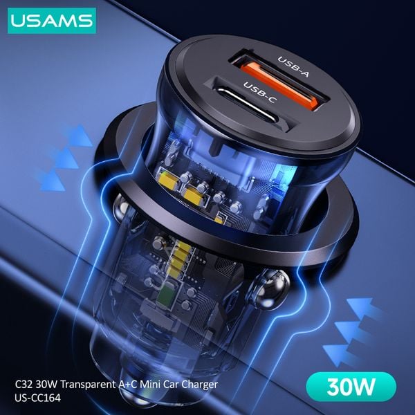 Tẩu Sạc Dành Cho Ô Tô USAMS CC164 C32 PD 30W (Transparent, USB-A + Type-C, with Blue Backlight)