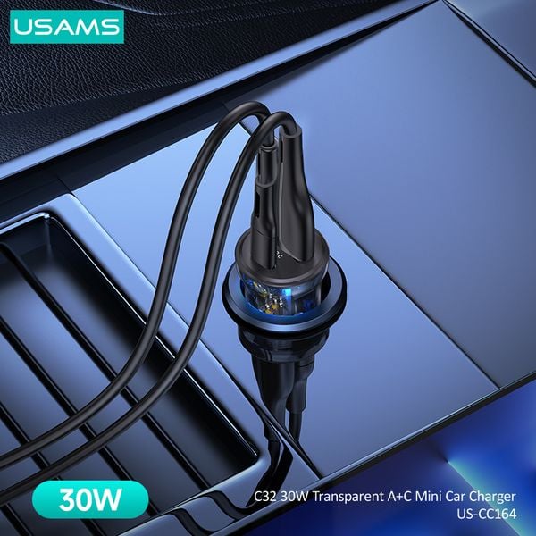 Tẩu Sạc Dành Cho Ô Tô USAMS CC164 C32 PD 30W (Transparent, USB-A + Type-C, with Blue Backlight)