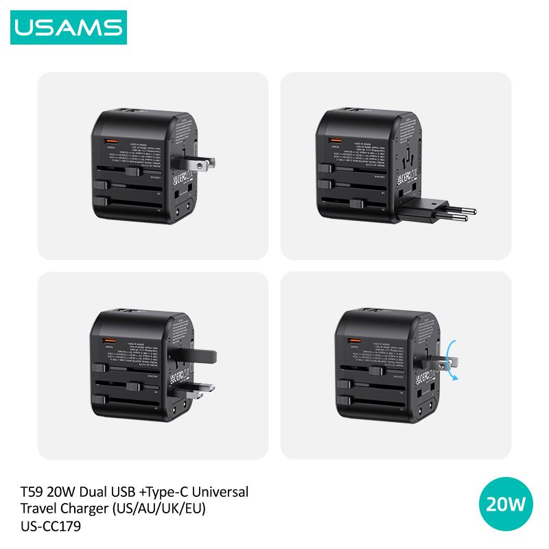 Bộ Sạc Du Lịch USAMS CC179 T59 Dual USB + Type-C PD 20W (US/UK/EU/CN Plug)