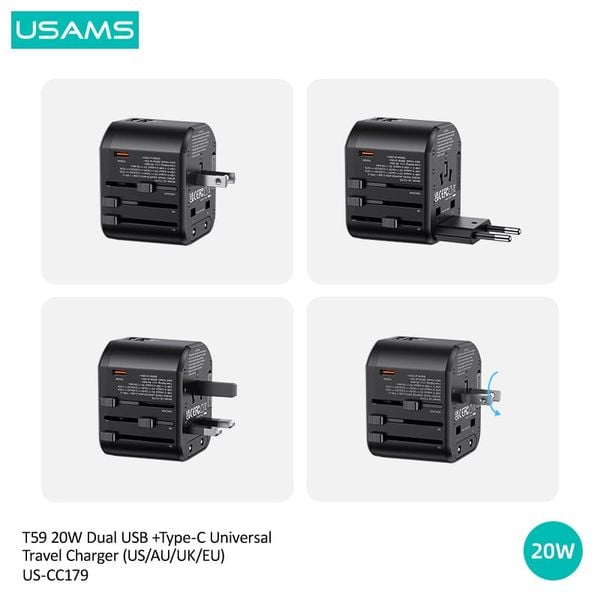 Bộ Sạc Du Lịch USAMS CC179 T59 Dual USB + Type-C PD 20W (US/UK/EU/CN Plug)