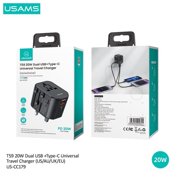 Bộ Sạc Du Lịch USAMS CC179 T59 Dual USB + Type-C PD 20W (US/UK/EU/CN Plug)