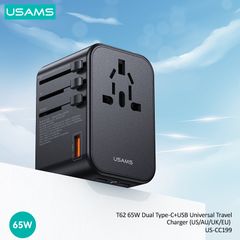 Bộ Sạc Nhanh Du Lịch Đa Năng 2C+U USAMS CC199 T62 GaN 65W (EU/UK/AU/US)