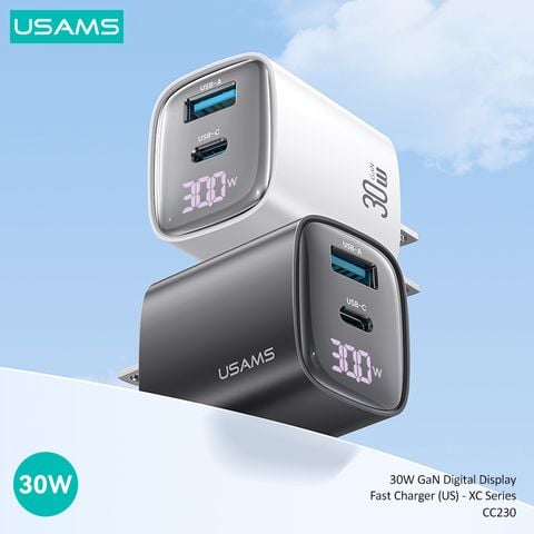Củ Sạc Nhanh USAMS CC229 2 Cổng A+C 30W GaN Digital Display Fast Charger