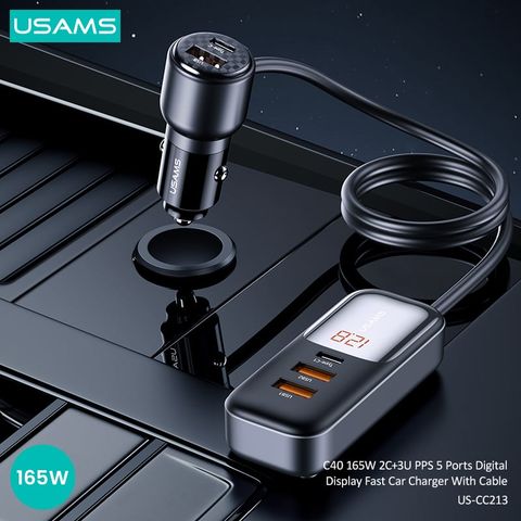 Tẩu Sạc Cho Ô Tô 2C + 3A USAMS CC213 C40 165W (Digital Display, QC, PD3.0, with 1.5m Data Cable)