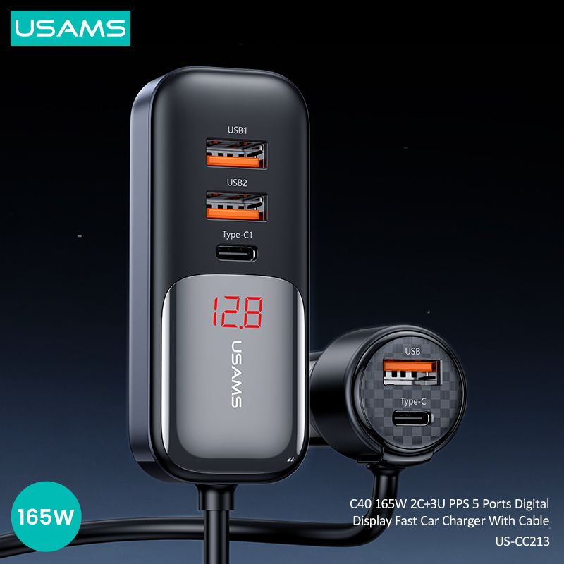 Tẩu Sạc Cho Ô Tô 2C + 3A USAMS CC213 C40 165W (Digital Display, QC, PD3.0, with 1.5m Data Cable)