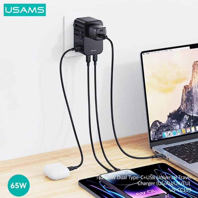 Bộ Sạc Nhanh Du Lịch Đa Năng 2C+U USAMS CC199 T62 GaN 65W (EU/UK/AU/US)