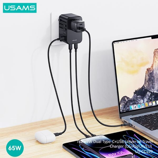 Bộ Sạc Nhanh Du Lịch Đa Năng 2C+U USAMS CC199 T62 GaN 65W (EU/UK/AU/US)