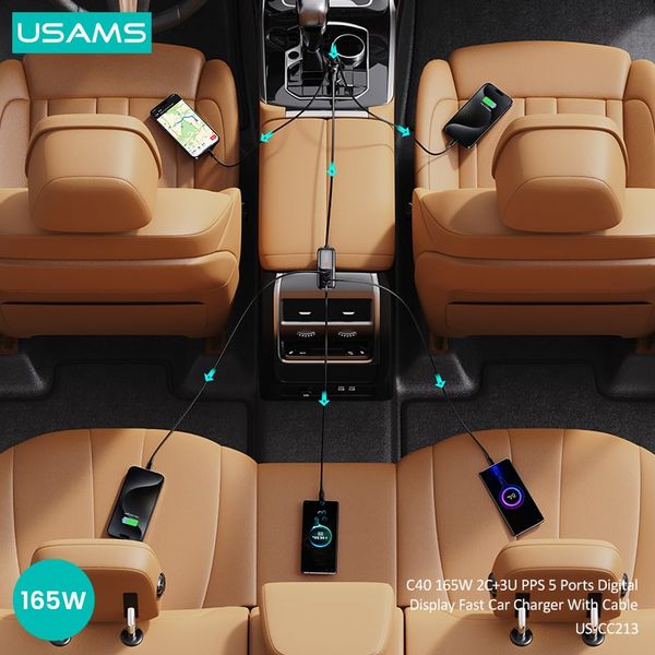 Tẩu Sạc Cho Ô Tô 2C + 3A USAMS CC213 C40 165W (Digital Display, QC, PD3.0, with 1.5m Data Cable)
